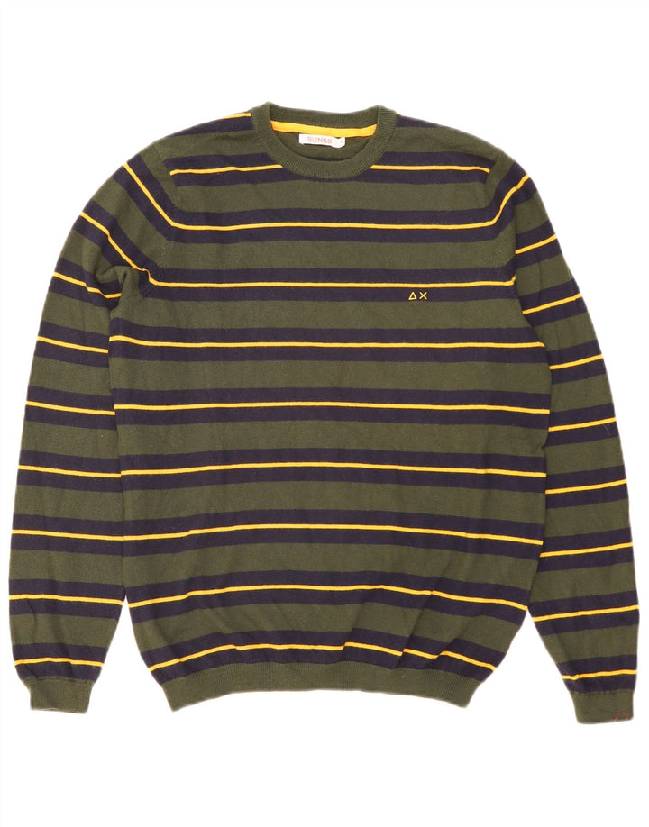 Sun68 Pull col rond pour homme en laine à rayures vertes