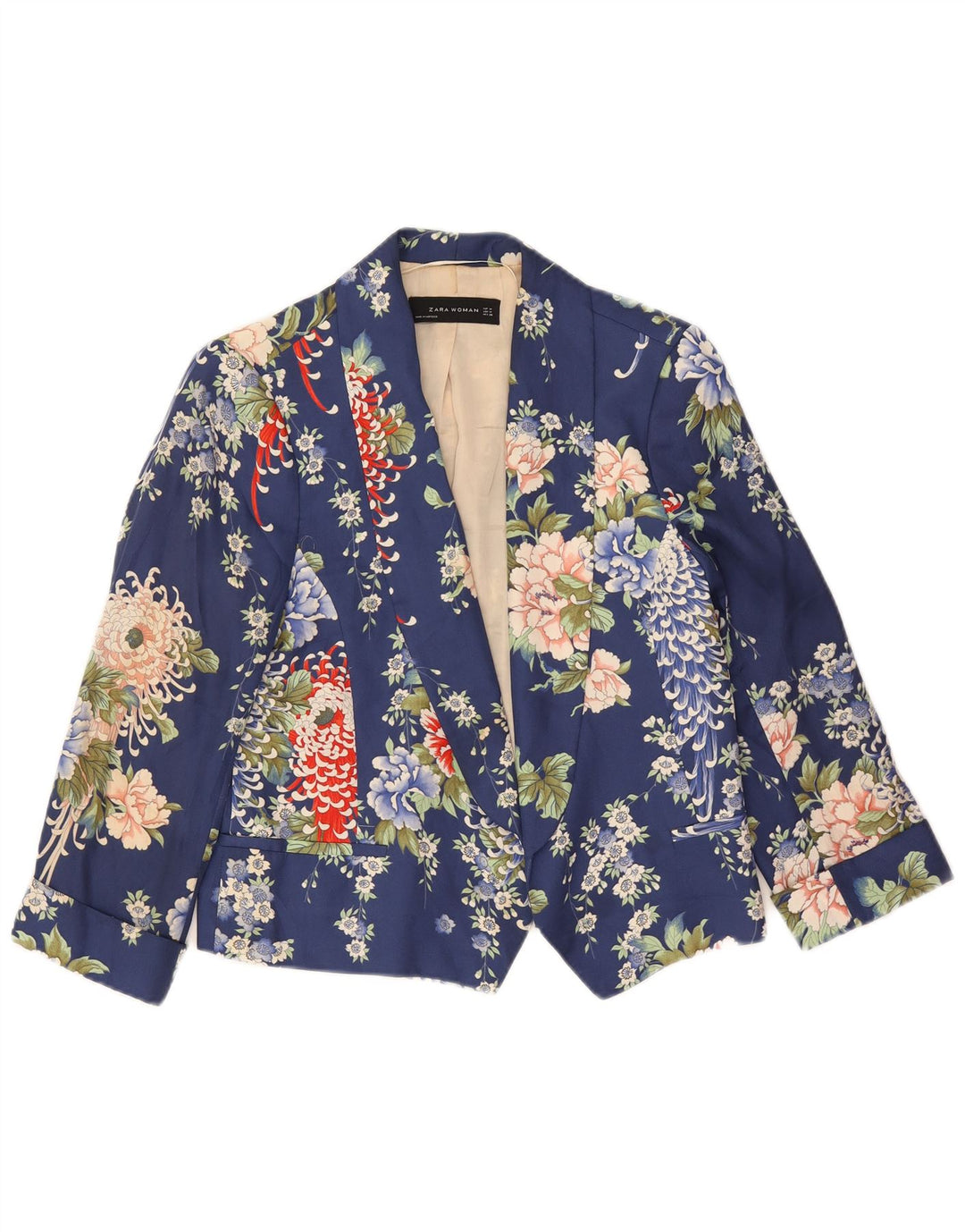 Zara Womens Crop 1 Button Blazer Jacket UK 14 Moyen Bleu Marine Floral