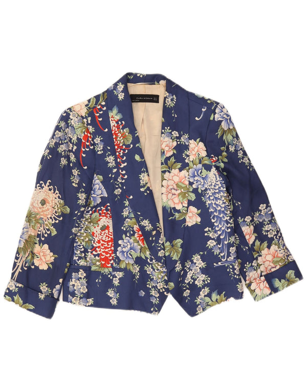 Zara Womens Crop 1 Button Blazer Jacket UK 14 Moyen Bleu Marine Floral
