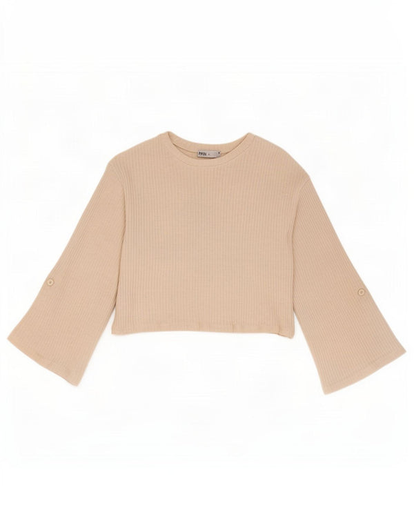 Zara Womens Crop Top Manches 3/4 UK 14 Coton Beige Moyen