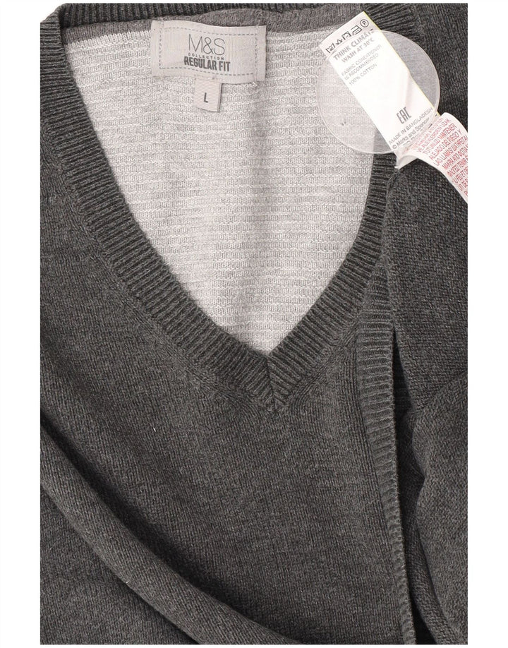 Marks & Spencer Pull coupe classique à col en V pour homme, grand, gris, coton