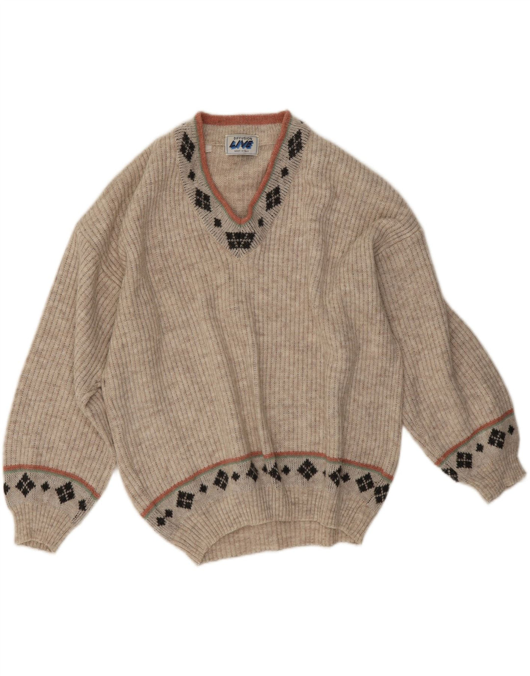 vintage Homme Col V Pull Pull Moyen Beige Géométrique