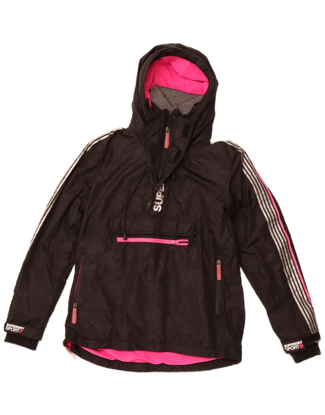 SUPERDRY Veste Anorak à capuche graphique pour femme UK 8 Small Nylon noir