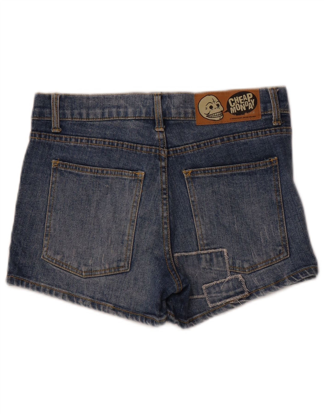 Cheap Monday Short en Jean Effet Déchiré W29 Femme Bleu Moyen Patchwork