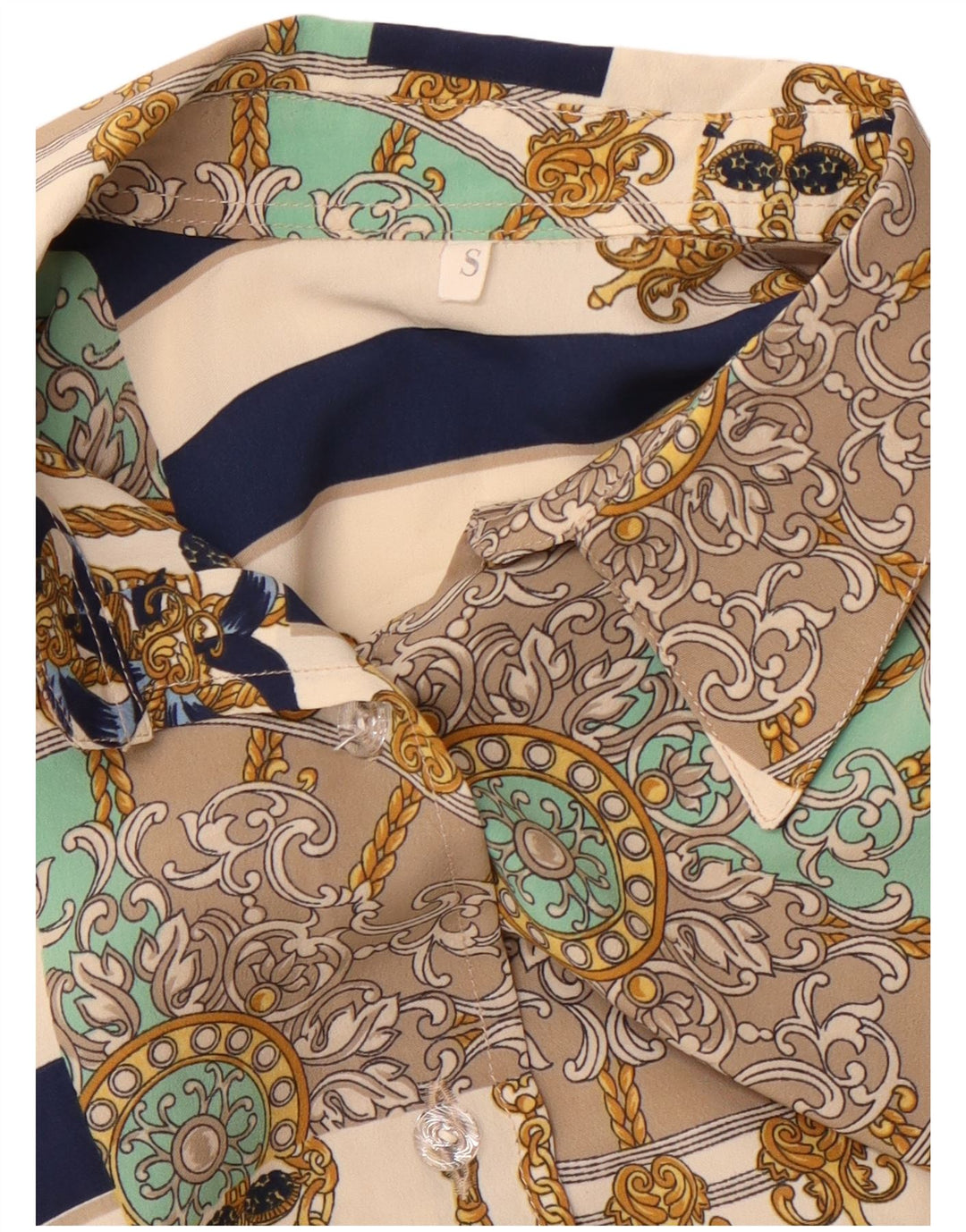 vintage Femmes Motif Abstrait Chemise Chemise Blouse UK 10 Petit Beige