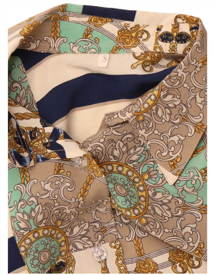 vintage Femmes Motif Abstrait Chemise Chemise Blouse UK 10 Petit Beige