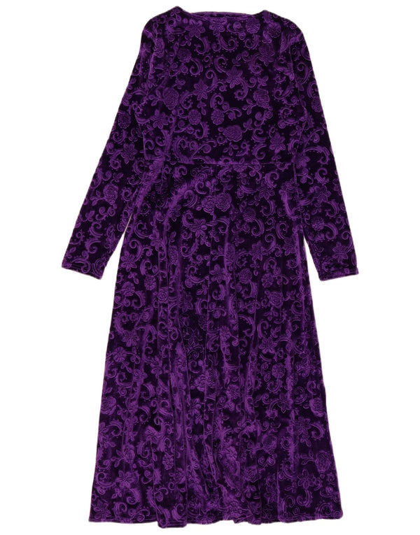 vintage Femme Velours Maxi Robe UK 14 Grand Violet Floral Polyester