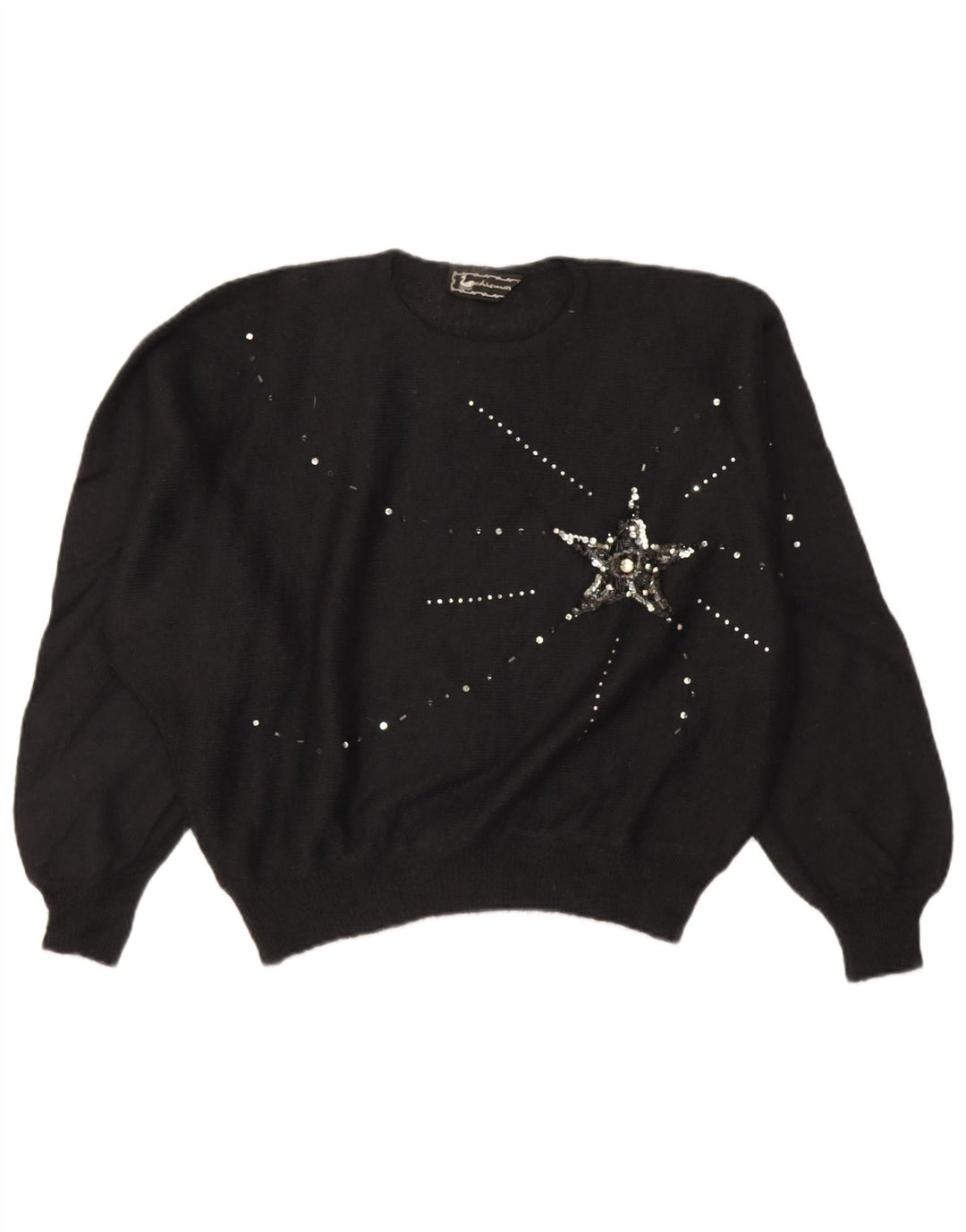 vintage Femmes Surdimensionné Crop Crew Neck Jumper Pull IT 46 Grand Noir