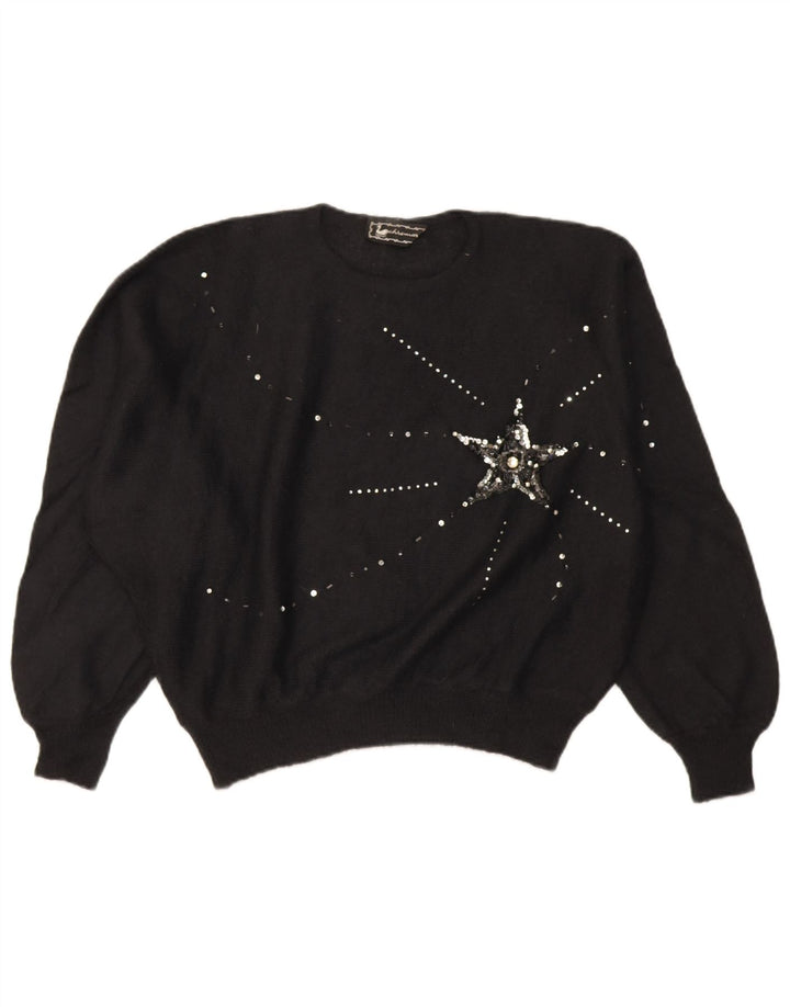 vintage Femmes Surdimensionné Crop Crew Neck Jumper Pull IT 46 Grand Noir