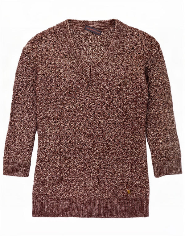 Trussardi Jeans Pull col V pour femme UK 16 Large Marron moucheté