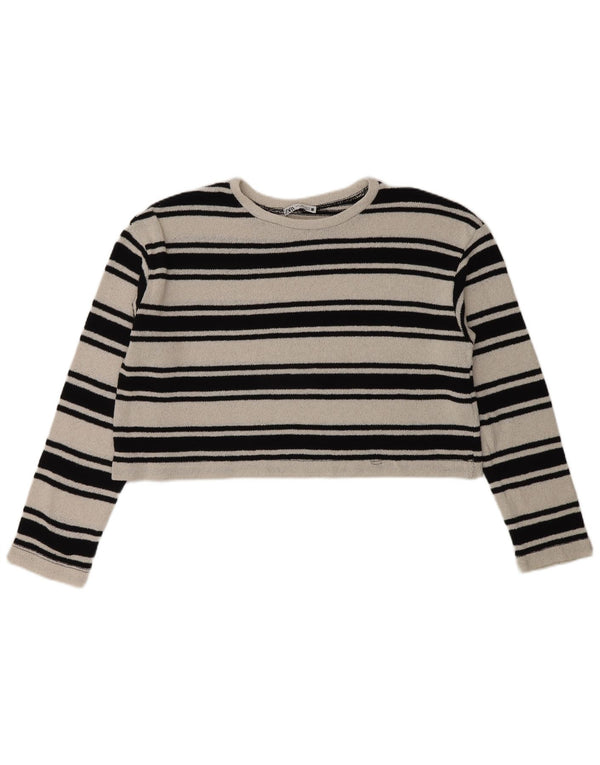 Zara Womens Crop Boat Neck Jumper Sweater UK 12 Medium White Striped Cotton