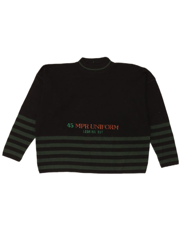 vintage Womens Graphic Turtle Neck Jumper Pull UK 16 Grand Noir Rayé