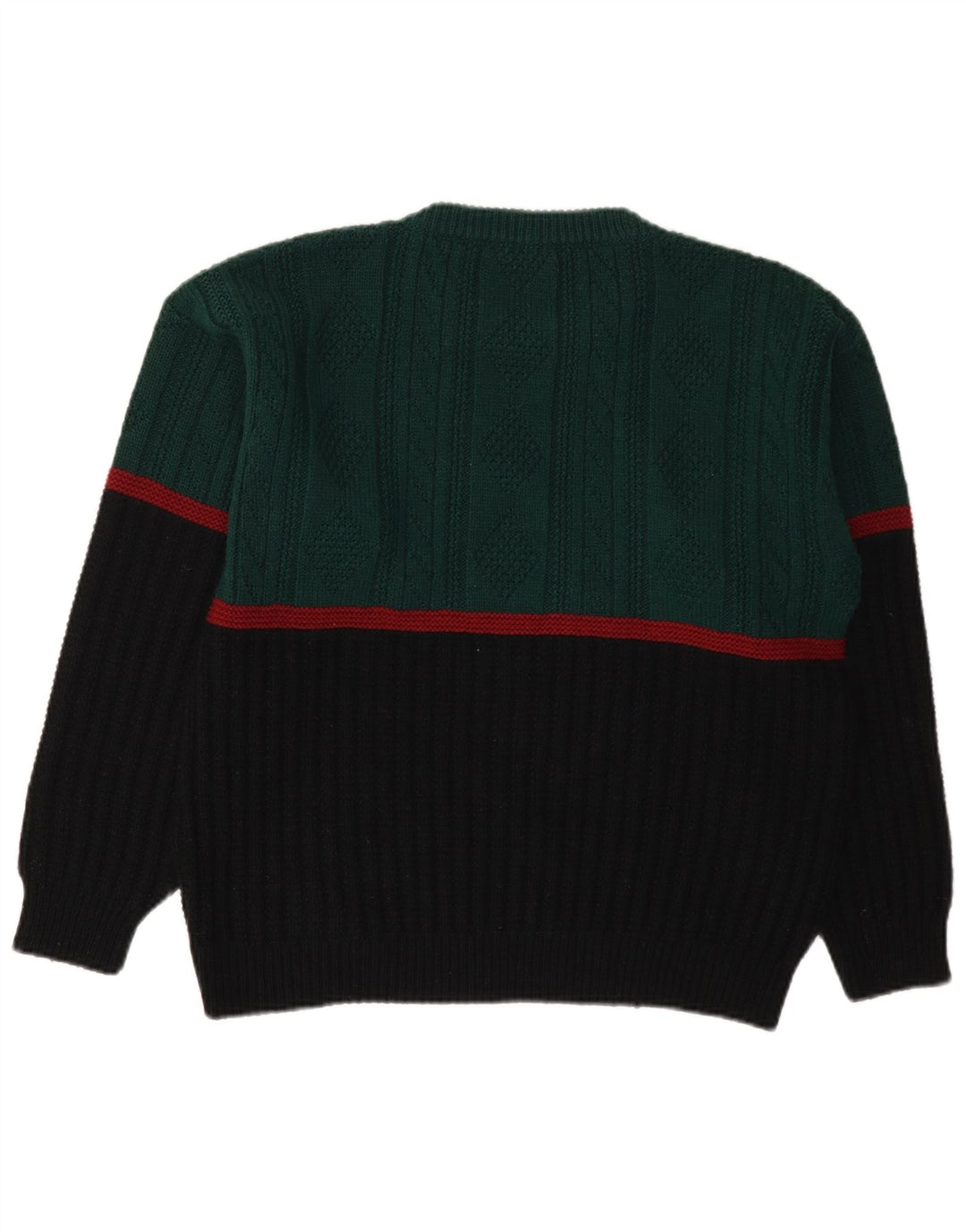 vintage Mens Crew Neck Jumper Pull Vert Moyen Colorblock Polyacrylique
