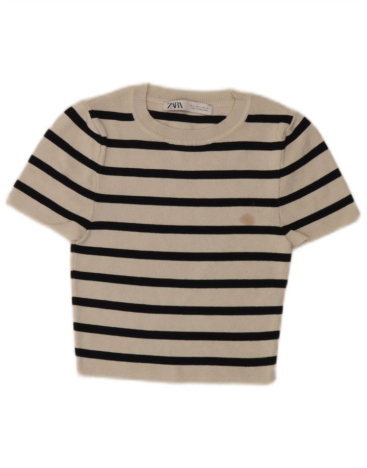 Zara Femme Crop Top UK 8 Petite Viscose Rayée Blanche