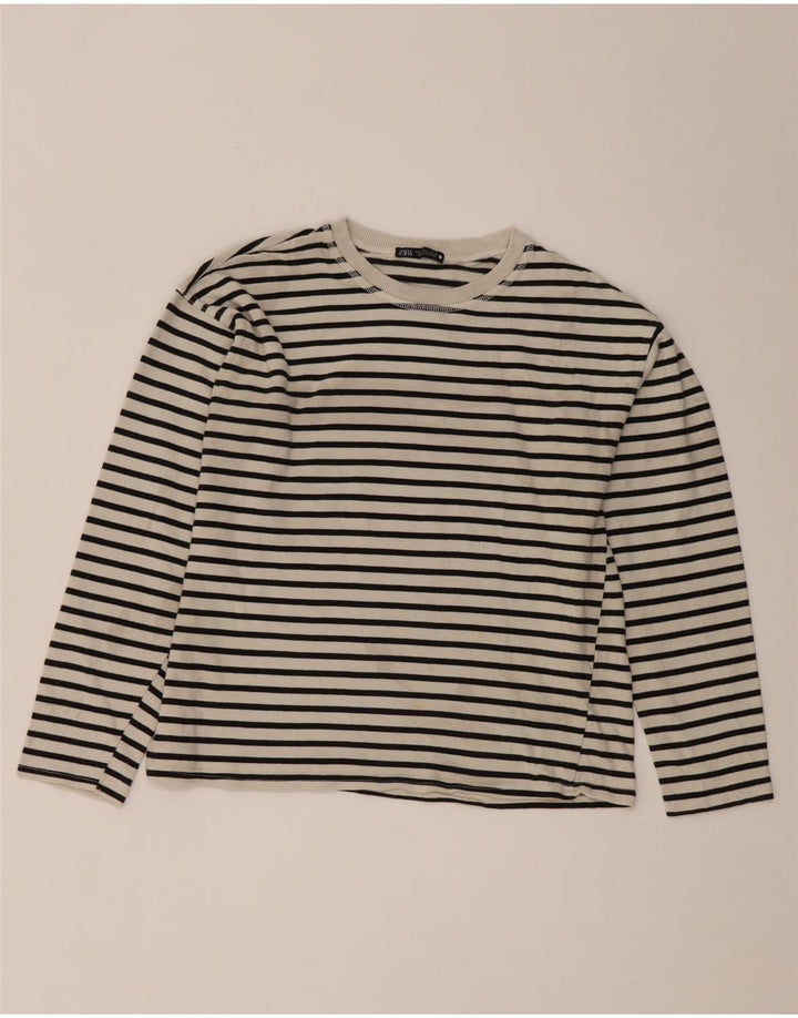 Zara Femme Top Manches Longues UK 10 Petit Rayé Blanc