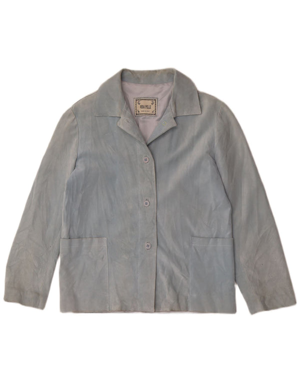 vintage Femme 4 Boutons Blazer En Daim Veste UK 14 Cuir Bleu Moyen