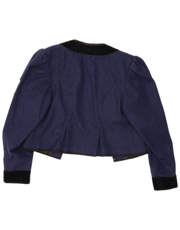 vintage Femmes Trachten Crop Open Blazer Veste UK 12 Bleu Marine Moyen