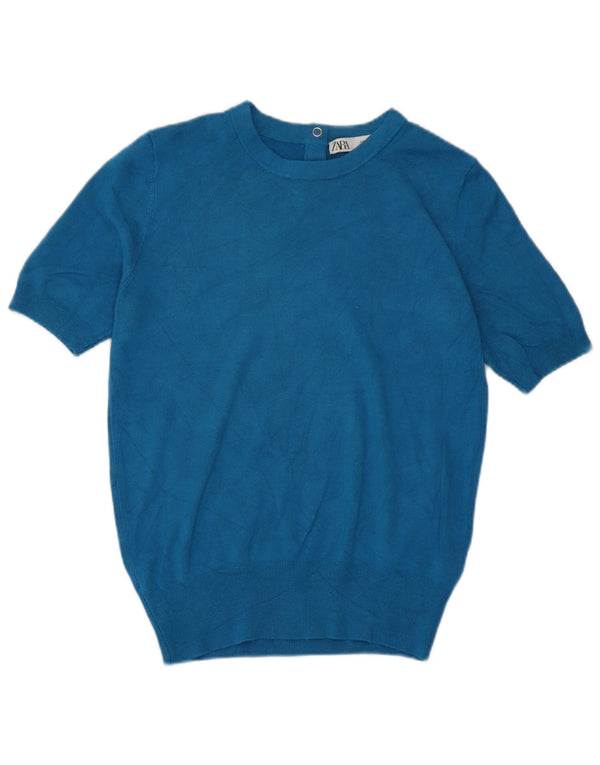 Zara Pull à manches courtes et col rond pour femme UK 12 Bleu moyen Viscose