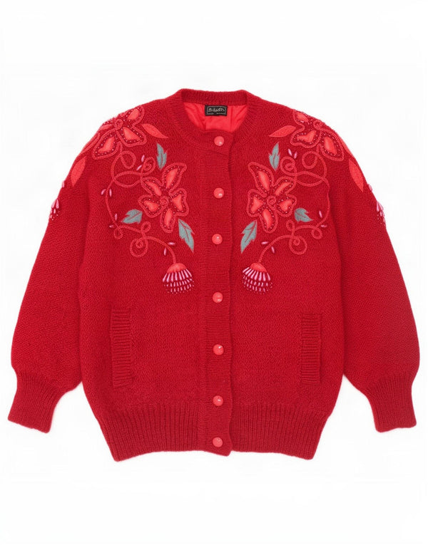 vintage Femmes Cardigan surdimensionné Pull UK 16 Grand Mohair Floral Rouge