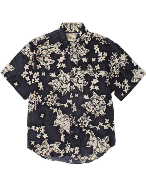 VINTAGE Chemise à manches courtes pour hommes Grand coton floral bleu marine