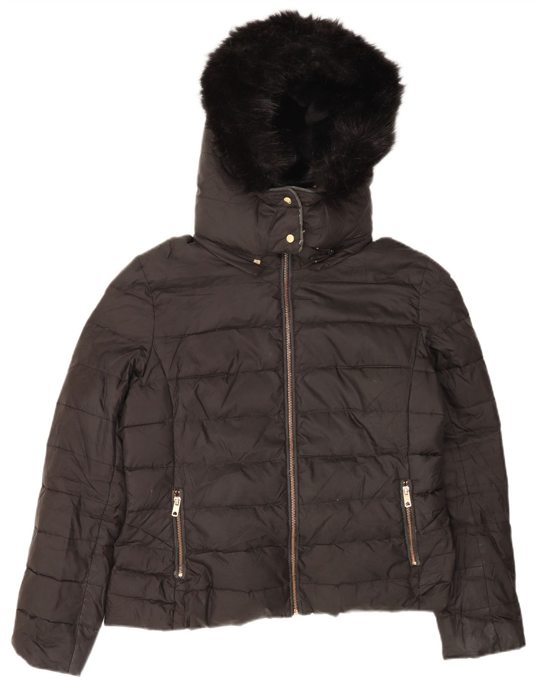 Zara Veste matelassée à capuche pour femme UK 18 XL Noir Polyester