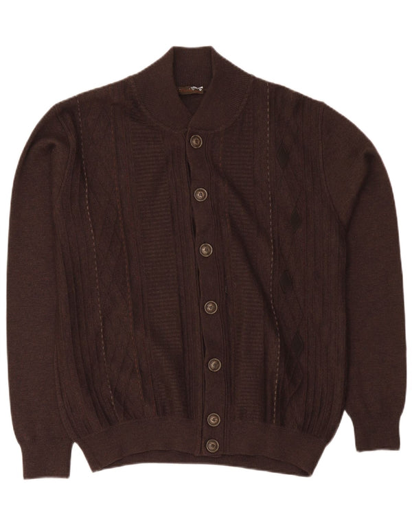 vintage Mens Regular Fit Cardigan Pull Moyen Brun Laine Mérinos Classique