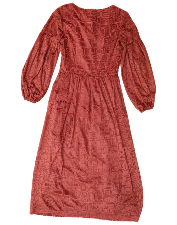 vintage Femmes Manches Longues Velours Maxi Robe UK 12 Moyen Rose Géométrique