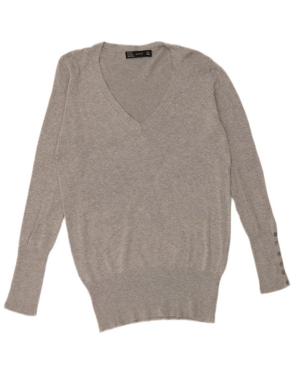 Zara Pull col V pour femme UK 16 Large Rayonne Grise