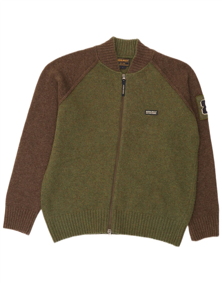 Woolrich Homme Graphique Cardigan Pull Large Vert Colorblock Laine