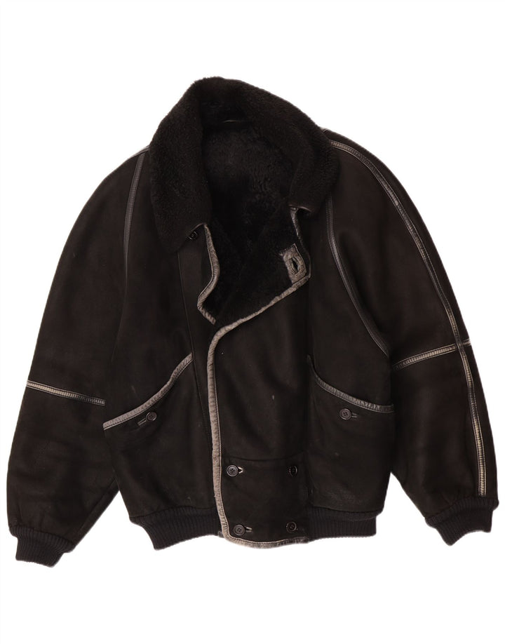 veste en peau de mouton homme vintage IT 50 Grande peau de mouton noire