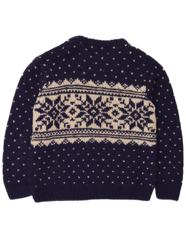 vintage Mens Boat Neck Jumper Pull Grande Marine Bleu Fair Isle Wool