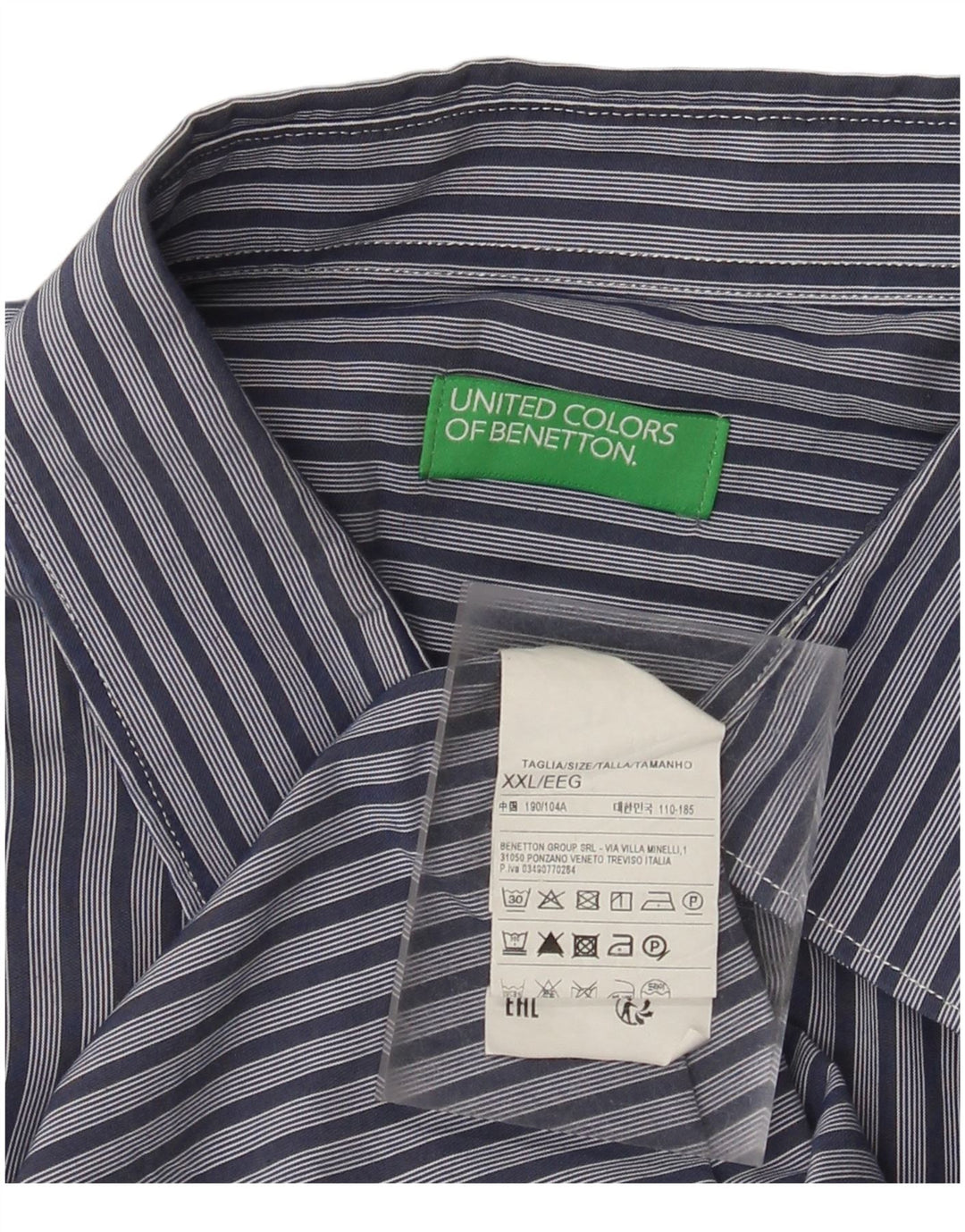 Benetton Chemise Homme 2XL Bleu Marine En Coton À Rayures