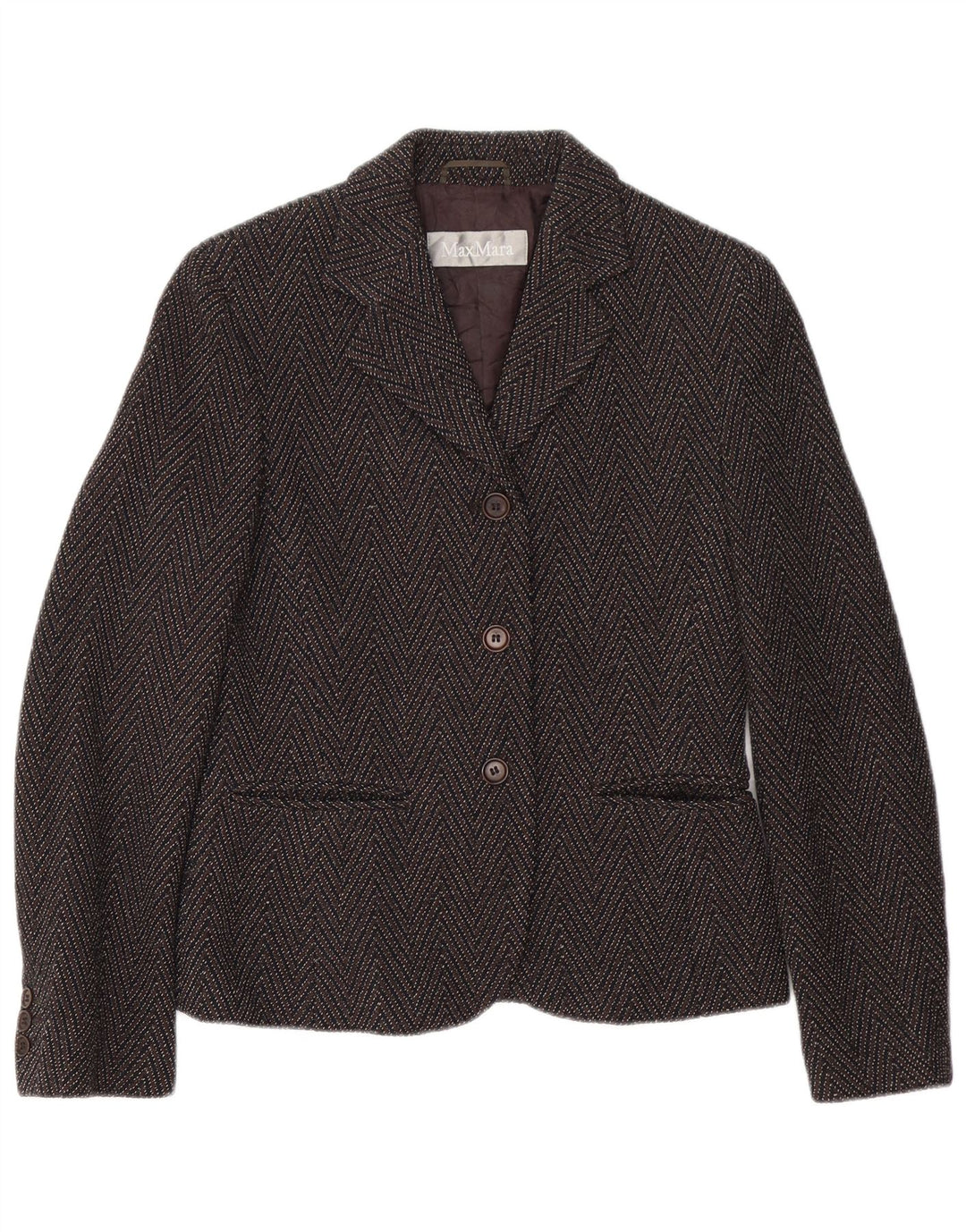 Max Mara Veste Blazer 3 Boutons Femme UK 8 Petit Chevron Marron Laine