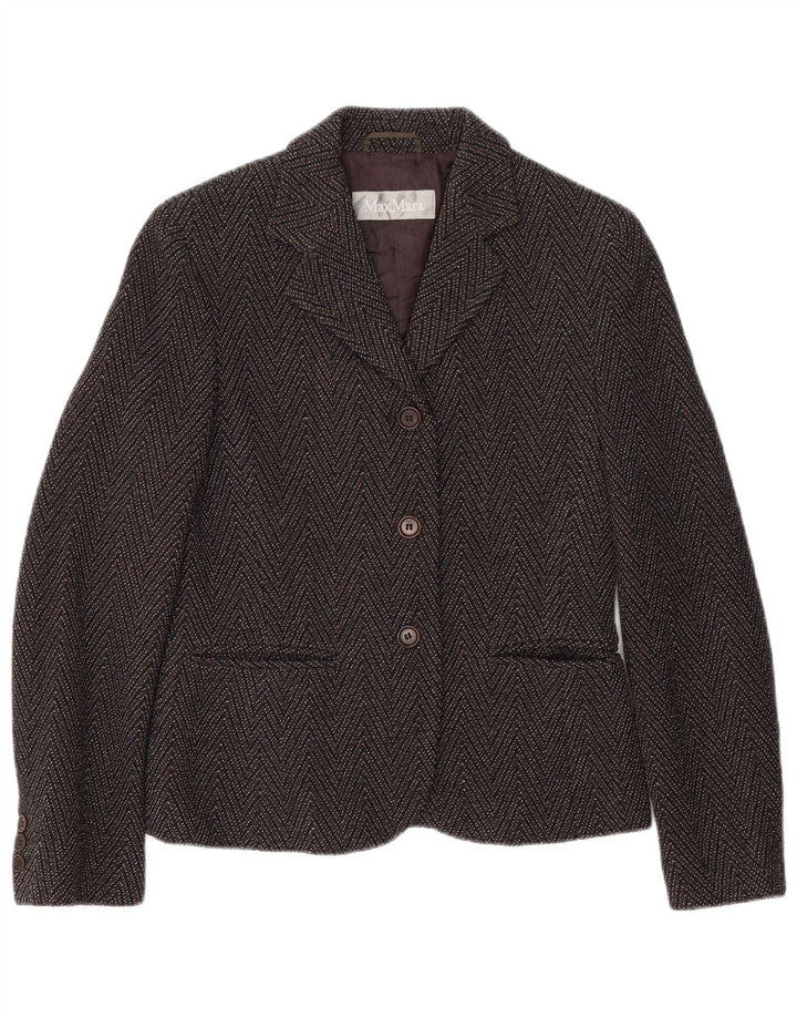 Max Mara Veste Blazer 3 Boutons Femme UK 8 Petit Chevron Marron Laine