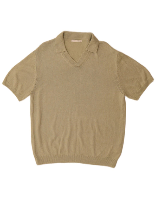 Zara Mens Short Sleeve Polo Neck Jumper Sweater Medium Khaki Acrylic