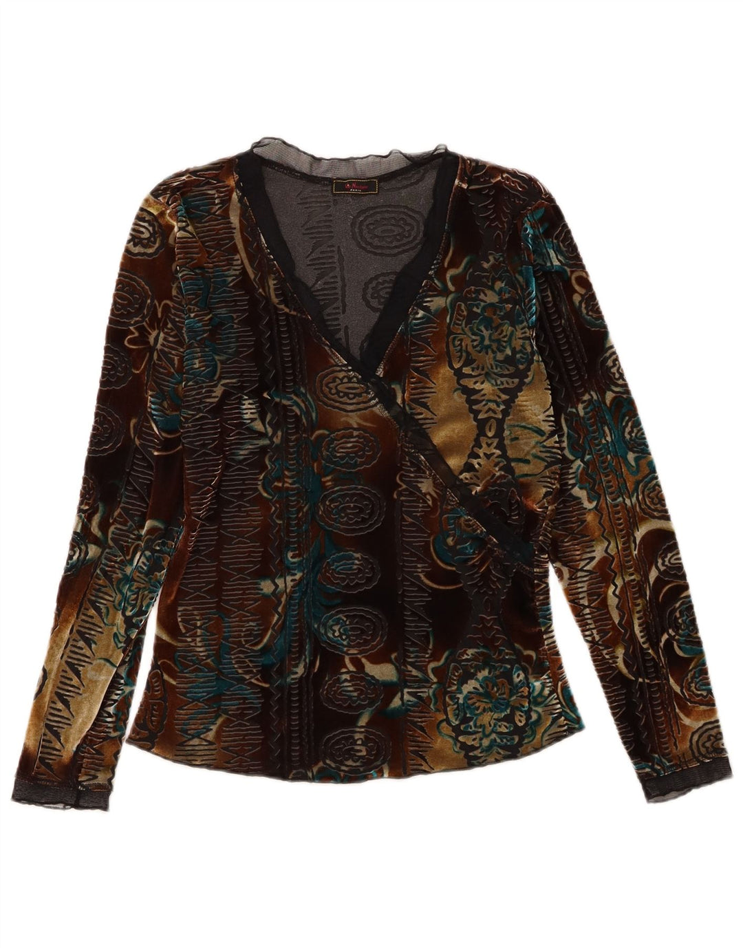 Vintage Womens Velvet Top Manches Longues UK 6 XS Floral Multicolore