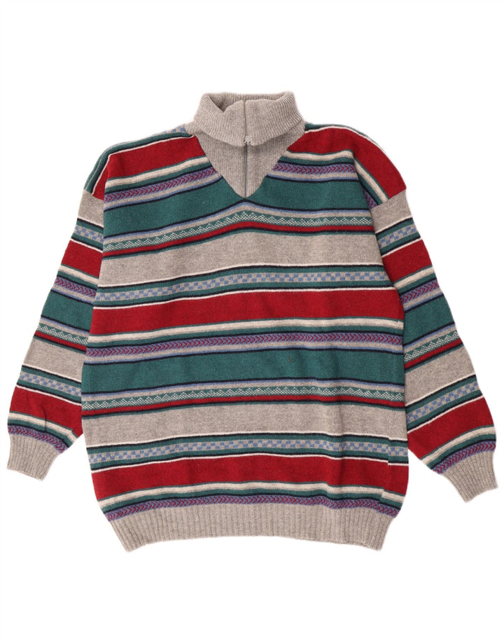 vintage Mens Zip Neck Jumper Pull Grande laine d’agneau rayée multicolore