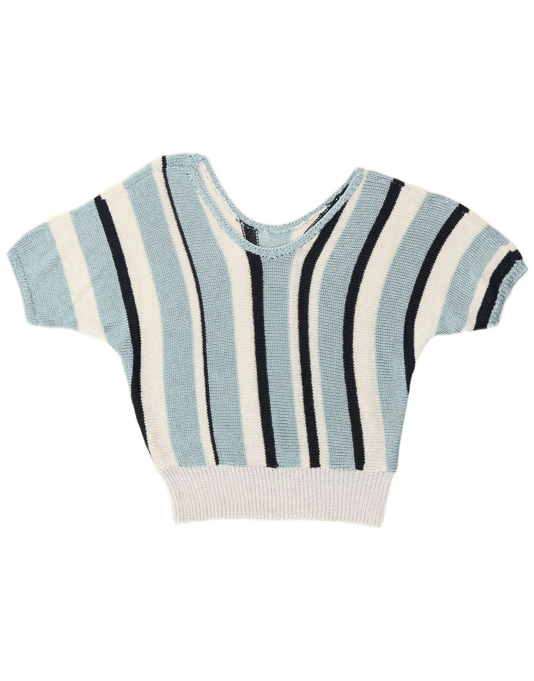 vintage Femme V-Col Jumper Pull UK 12 Moyen Bleu Rayé Rétro