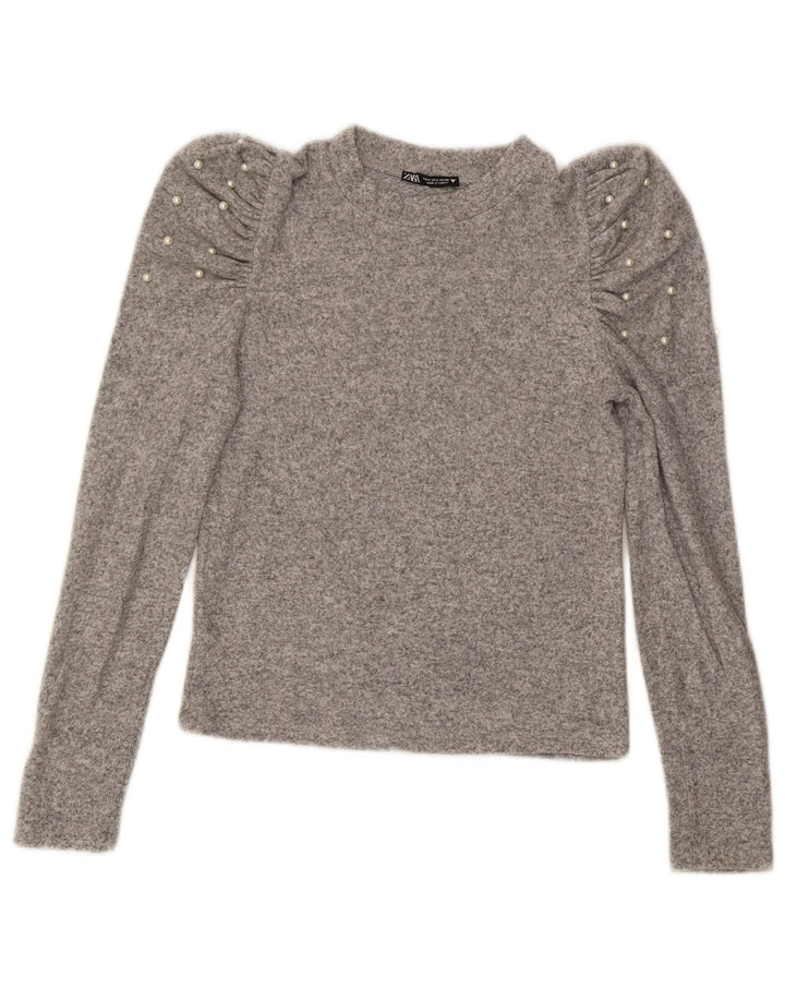 Zara Womens Crop Top Manches Longues UK 10 Petit Gris