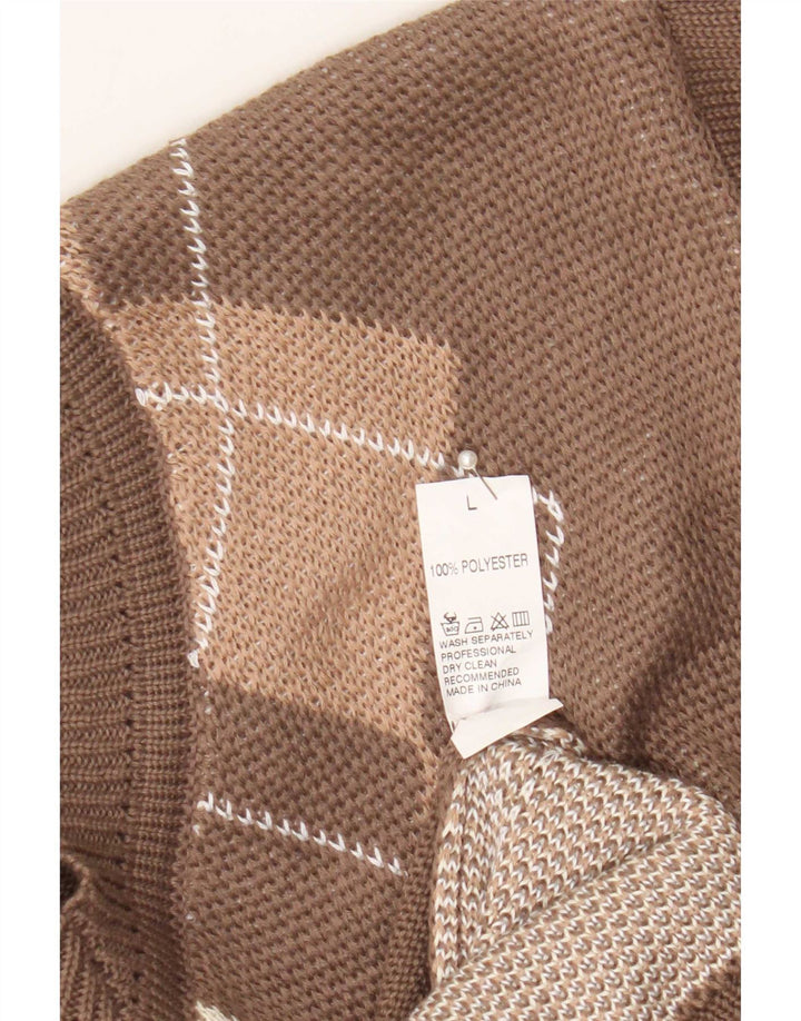 vintage Femme Col V Pull Pull Grand Marron Argyle/Diamant Polyester