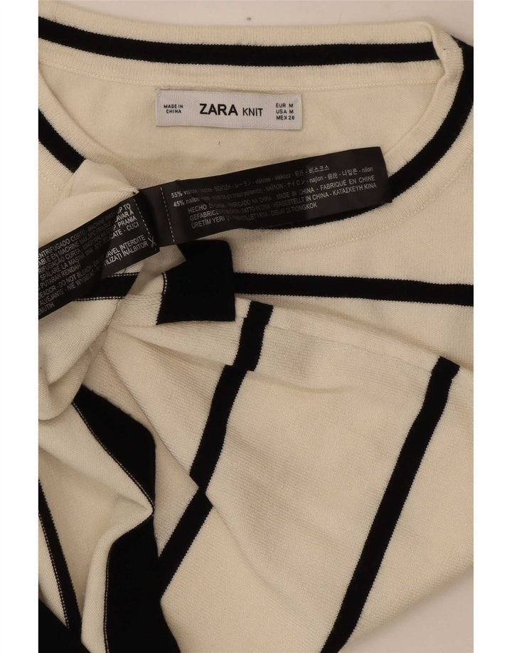 Zara Femme T-Shirt Top UK 12 Medium Blanc Rayé Viscose