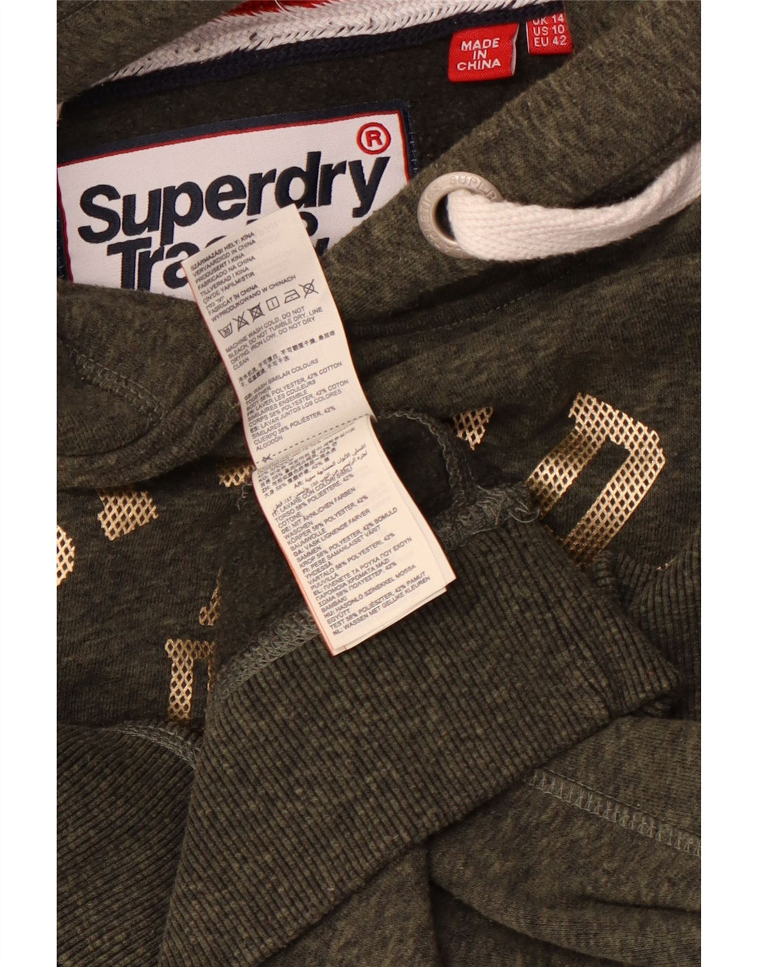 SUPERDRY Pull à capuche d'athlétisme pour femme UK 14 Large Kaki Moucheté