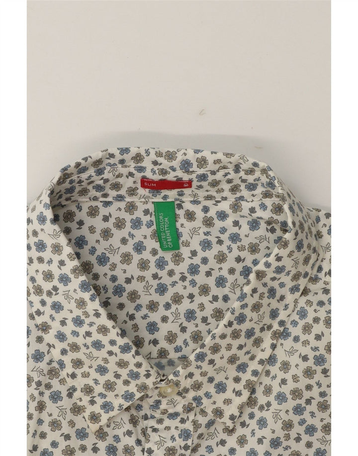 BENETTON Mens Slim Shirt Large White Floral Vintage Benetton and Second-Hand Benetton from Messina Hembry 