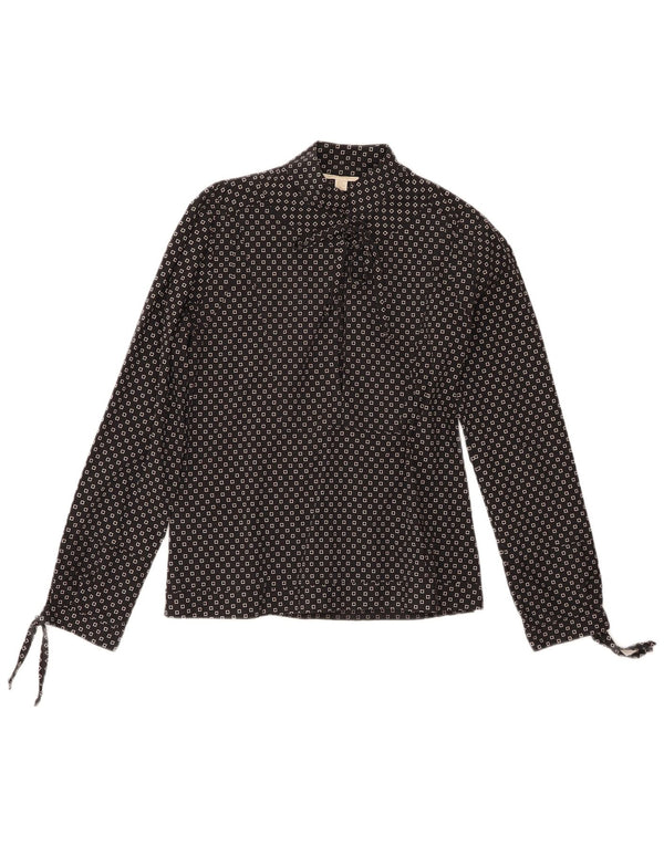 vintage Femmes Manches Longues Blouse Top UK 14 Moyen Noir Géométrique Coton