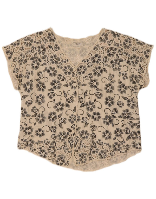 Chemisier chemise femme vintage UK 16 grande rayonne florale blanc cassé