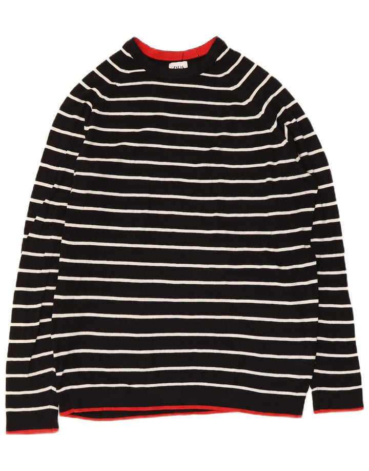 ZARA Femme Pull Col Bateau UK 14 Moyen Noir Rayé Coton