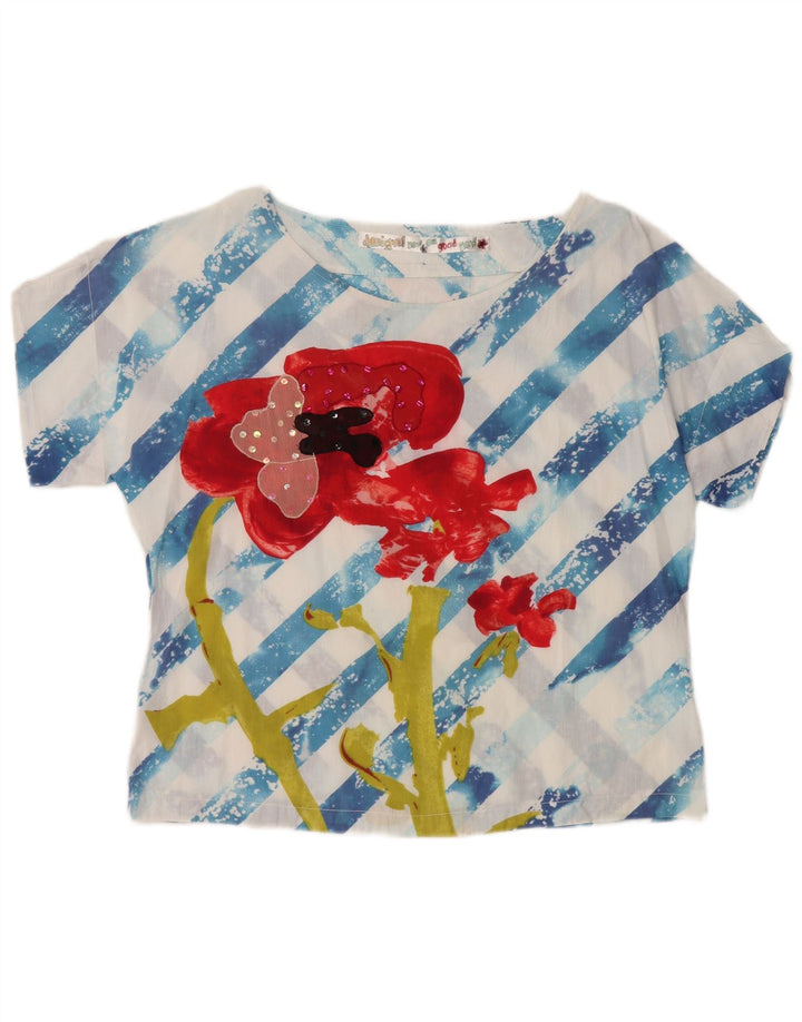 DESIGUAL Femme Chemisier Graphique Top UK 44 Bleu Moyen Rayé