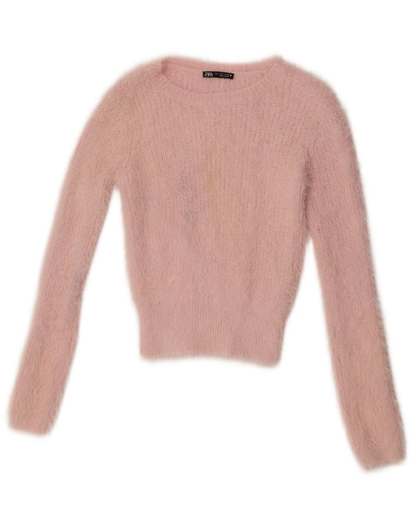Zara Pull court à col bateau pour femme UK 8 Petit nylon rose