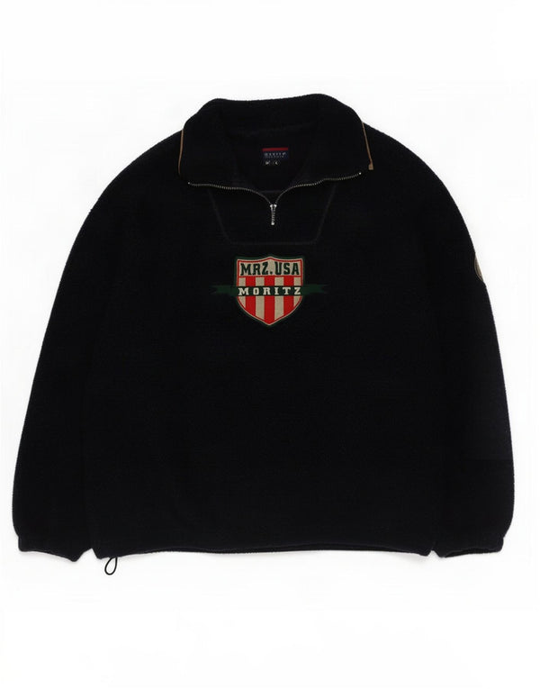 vintage Mens Graphic Zip Neck Fleece Jumper Grand Bleu Marine