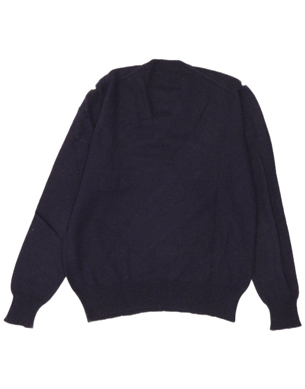 vintage Mens V-Col Jumper Pull Grand Bleu Marine Colourblock Alpaga Laine